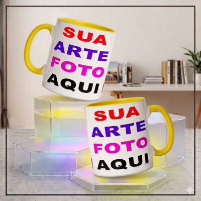 caneca porcelana alça e interior amarelo