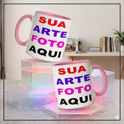 caneca de porcelana alça e interior rosa personalizavel