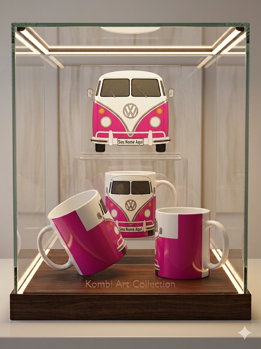 caneca ercelana kombi rosa choque